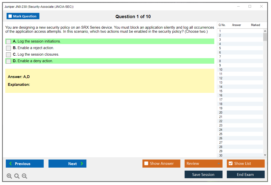 Juniper JN0-230 Security-Associate (JNCIA-SEC) Practice test exam simulator test engine exam dumps questions answers Image 1