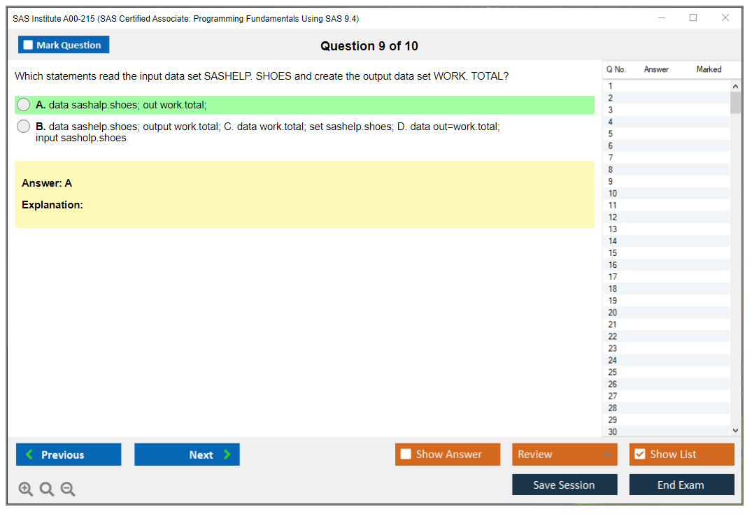 SAS Institute A00-215 SAS Certified Associate: Programming Fundamentals Using SAS 9.4 Practice test exam simulator test engine exam dumps questions answers Image 9