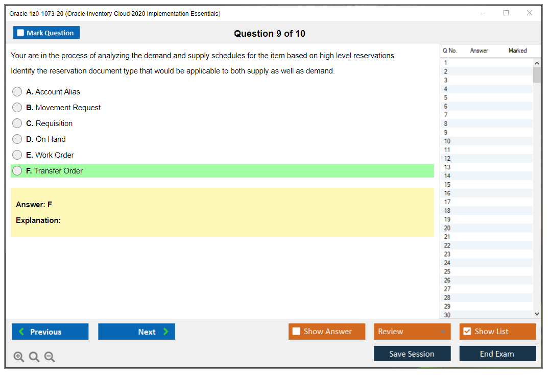 Oracle 1z0-1073-20 Oracle Inventory Cloud 2020 Implementation Essentials Practice test exam simulator test engine exam Prep practice test questions answers Image 9