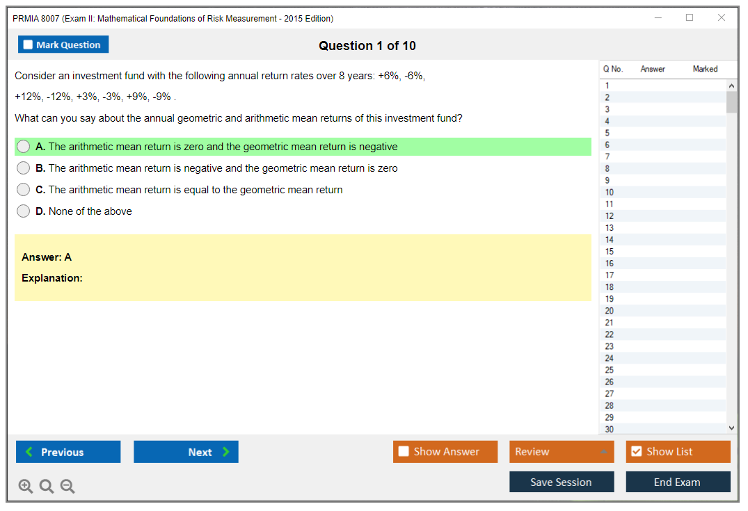 PRMIA 8007 Exam II: Mathematical Foundations of Risk Measurement - 2015 Edition Practice test exam simulator test engine exam dumps questions answers Image 1