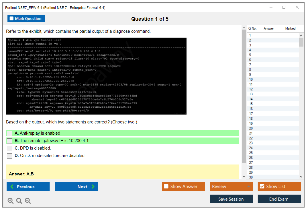 Fortinet NSE7_EFW-6.4 Fortinet NSE 7 - Enterprise Firewall 6.4 Practice test exam simulator test engine exam dumps questions answers Image 1