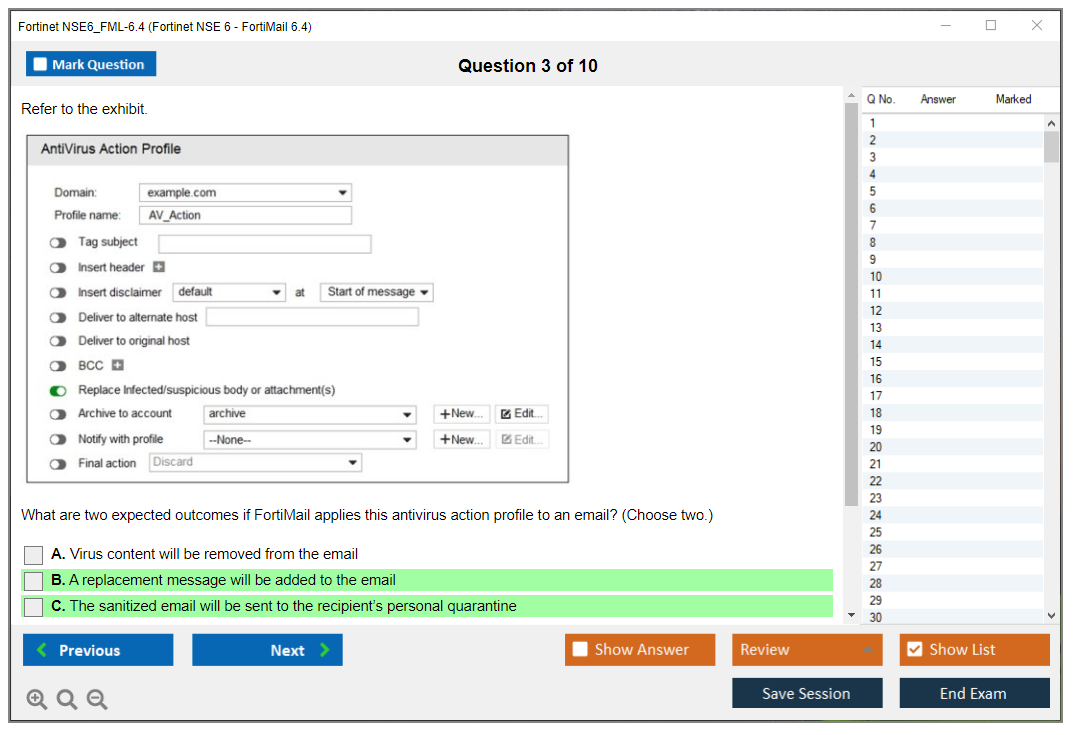 Fortinet NSE6_FML-6.4 Fortinet NSE 6 - FortiMail 6.4 Practice test exam simulator test engine exam dumps questions answers Image 3