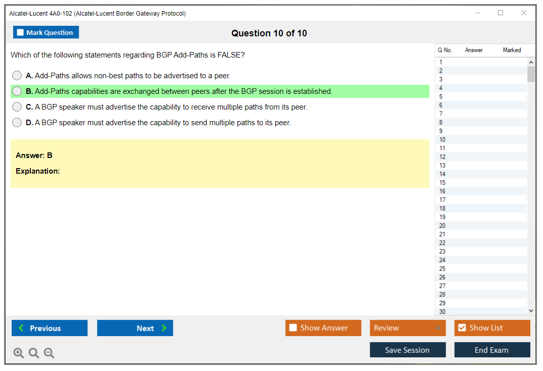Alcatel-Lucent 4A0-102 Nokia Border Gateway Protocol Practice test exam simulator test engine exam dumps questions answers Image 10