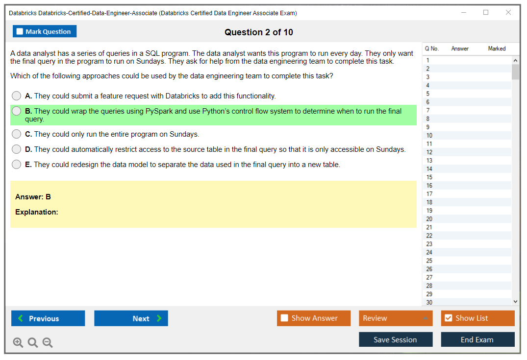 Databricks Databricks-Certified-Data-Engineer-Associate Databricks Certified Data Engineer Associate Exam Practice test exam simulator test engine exam dumps questions answers Image 2