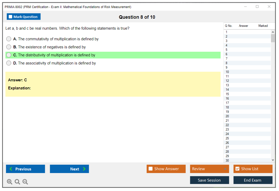 PRMIA 8002 PRM Certification - Exam II: Mathematical Foundations of Risk Measurement Practice test exam simulator test engine exam dumps questions answers Image 8