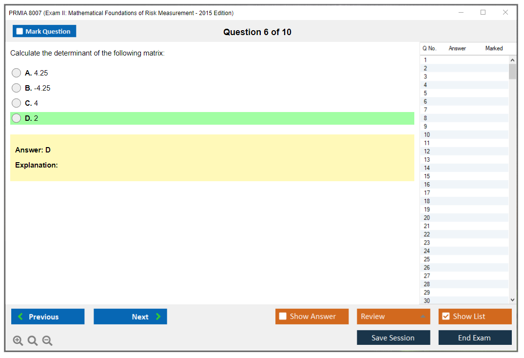PRMIA 8007 Exam II: Mathematical Foundations of Risk Measurement - 2015 Edition Practice test exam simulator test engine exam dumps questions answers Image 6