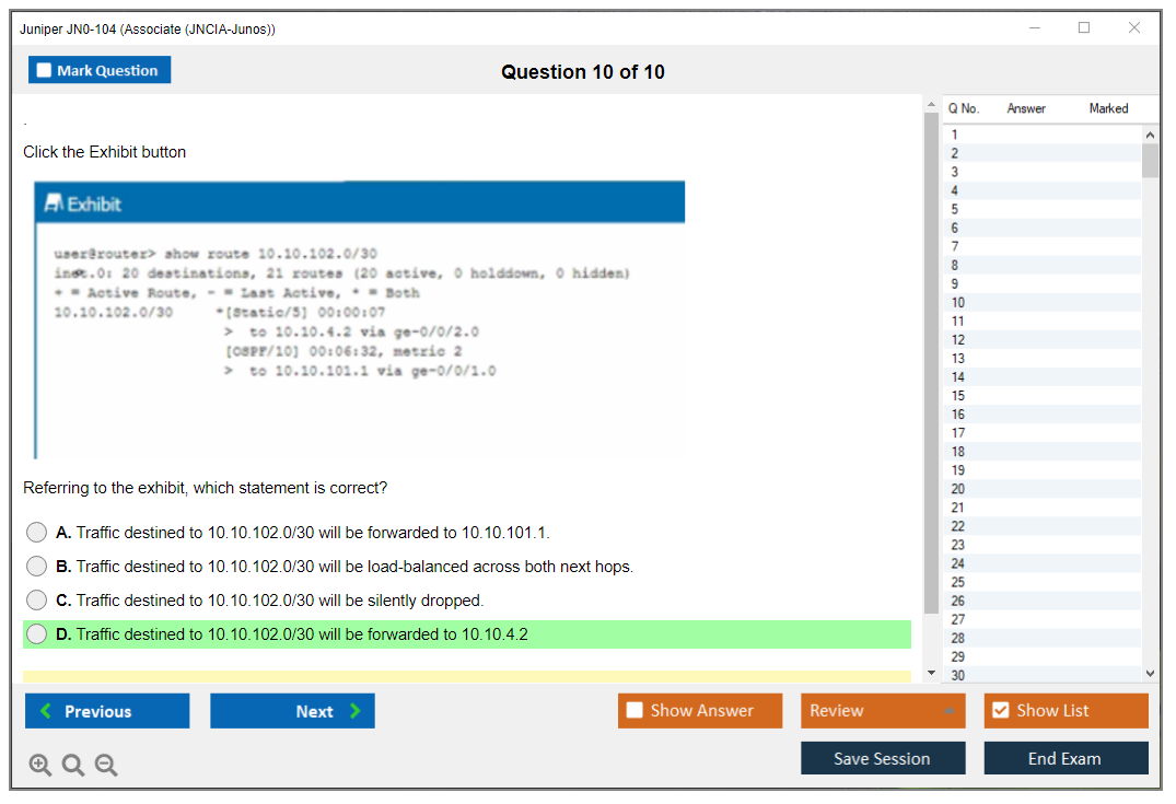 Juniper JN0-104 Junos - Associate (JNCIA-Junos) Practice test exam simulator test engine exam dumps questions answers Image 10