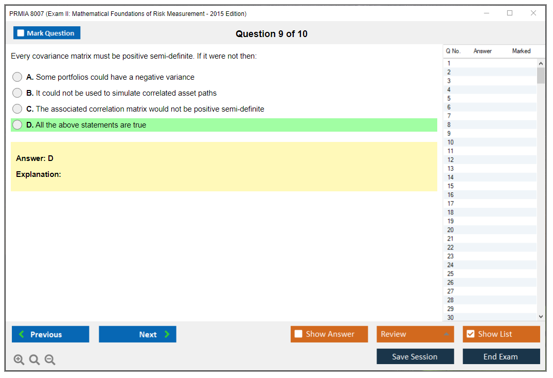PRMIA 8007 Exam II: Mathematical Foundations of Risk Measurement - 2015 Edition Practice test exam simulator test engine exam dumps questions answers Image 9
