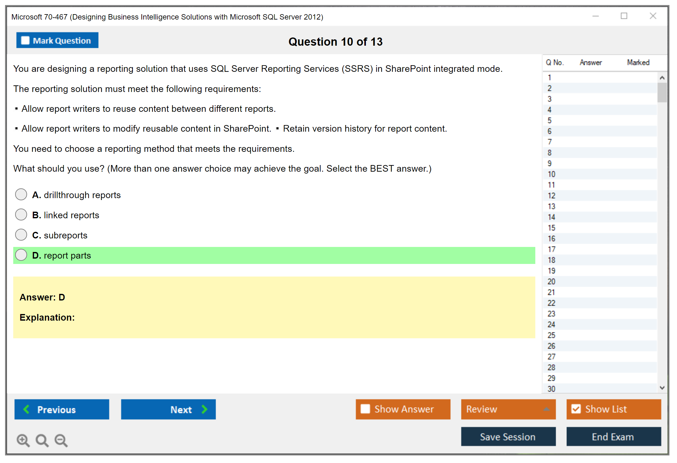 Microsoft 70-467 Designing Business Intelligence Solutions with Microsoft SQL Server 2012 Practice test exam simulator test engine exam Prep practice test questions answers Image 10