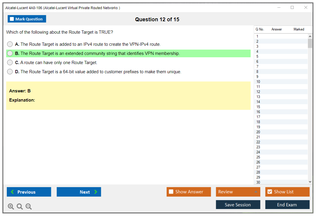 Alcatel-Lucent 4A0-106 Nokia Virtual Private Routed Networks Practice test exam simulator test engine exam dumps questions answers Image 12