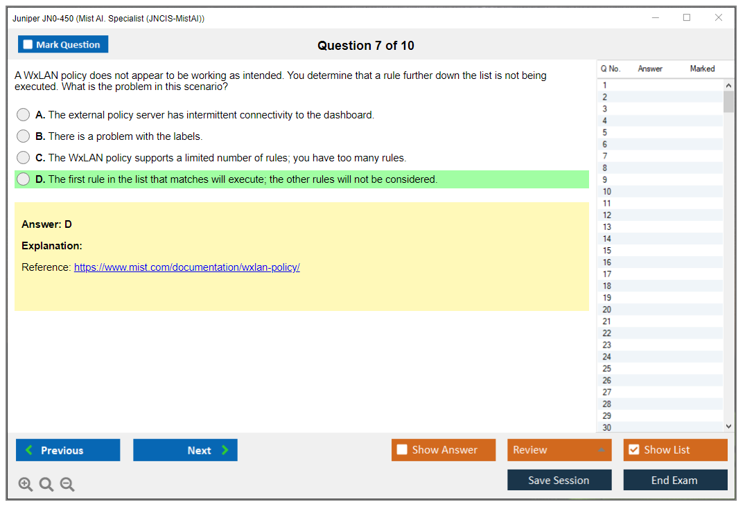 Juniper JN0-450 Mist AI. Specialist (JNCIS-MistAI) Practice test exam simulator test engine exam dumps questions answers Image 7