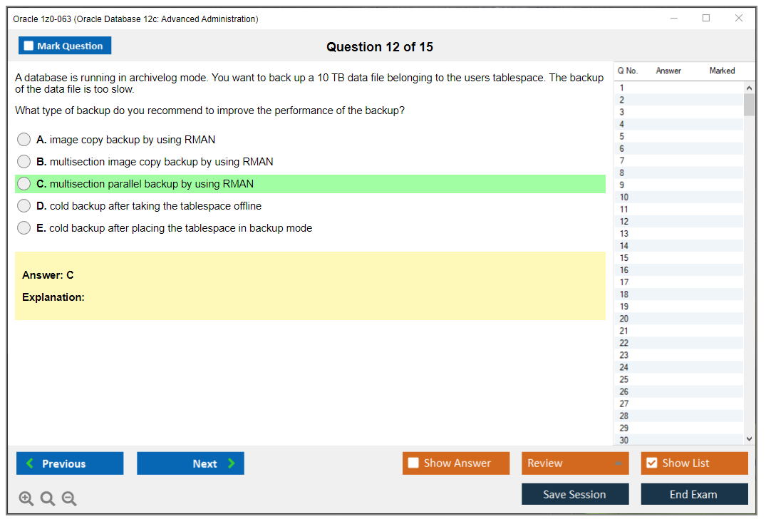 Oracle 1z0-063 Oracle Database 12c: Advanced Administration Practice test exam simulator test engine exam dumps questions answers Image 12