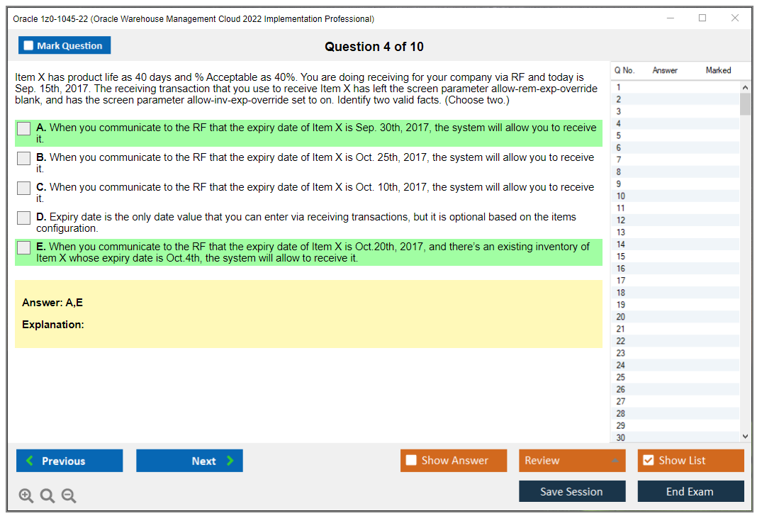Oracle 1z0-1045-22 Oracle Warehouse Management Cloud 2022 Implementation Professional Practice test exam simulator test engine exam dumps questions answers Image 4