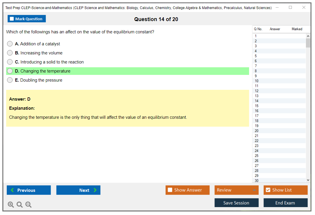 Test Prep CLEP-Science-and-Mathematics CLEP Science and Mathematics: Biology, Calculus, Chemistry, College Algebra & Mathematics, Precalculus, Natural Sciences Practice test exam simulator test engine exam Prep practice test questions answers Image 14