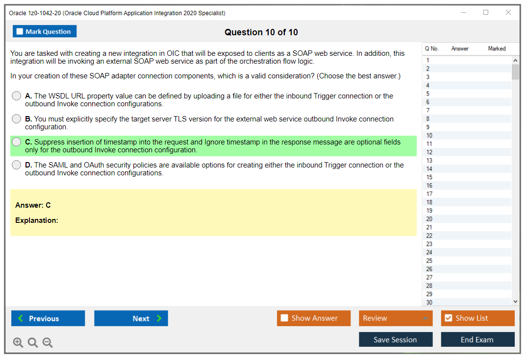 Oracle 1z0-1042-20 Oracle Cloud Platform Application Integration 2020 Specialist Practice test exam simulator test engine exam dumps questions answers Image 10