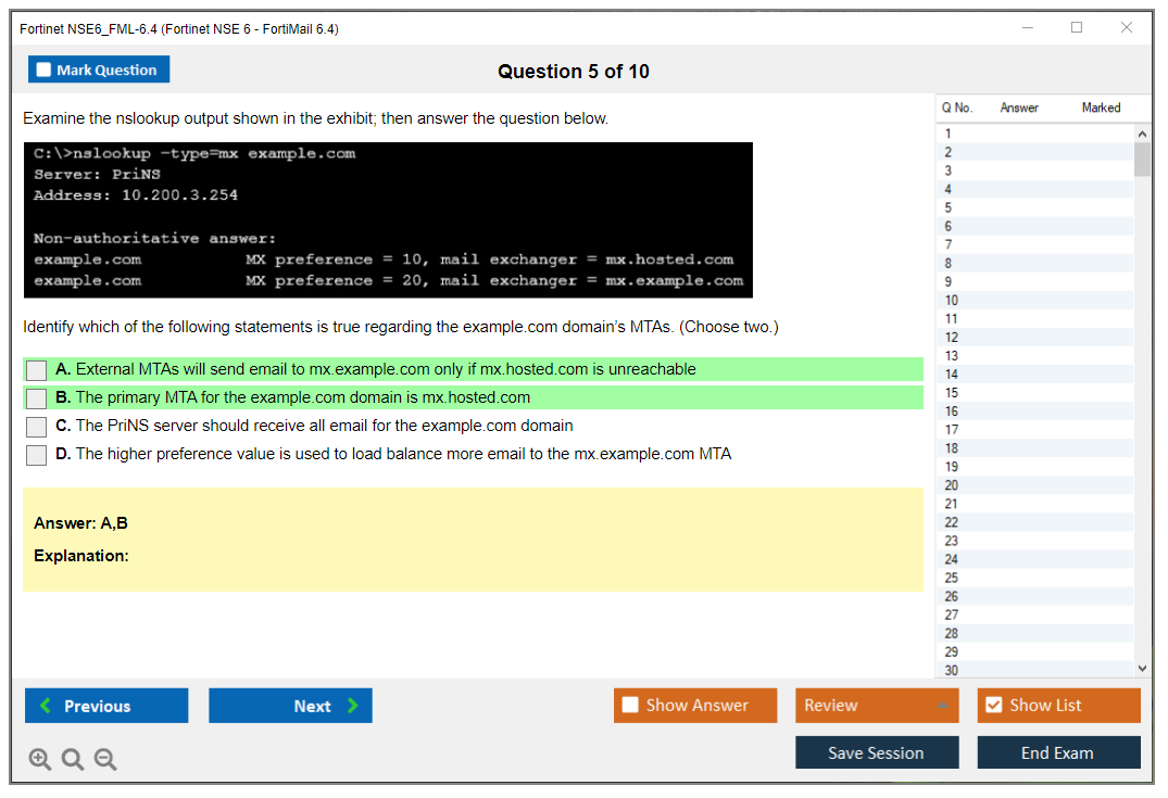 Fortinet NSE6_FML-6.4 Fortinet NSE 6 - FortiMail 6.4 Practice test exam simulator test engine exam dumps questions answers Image 5