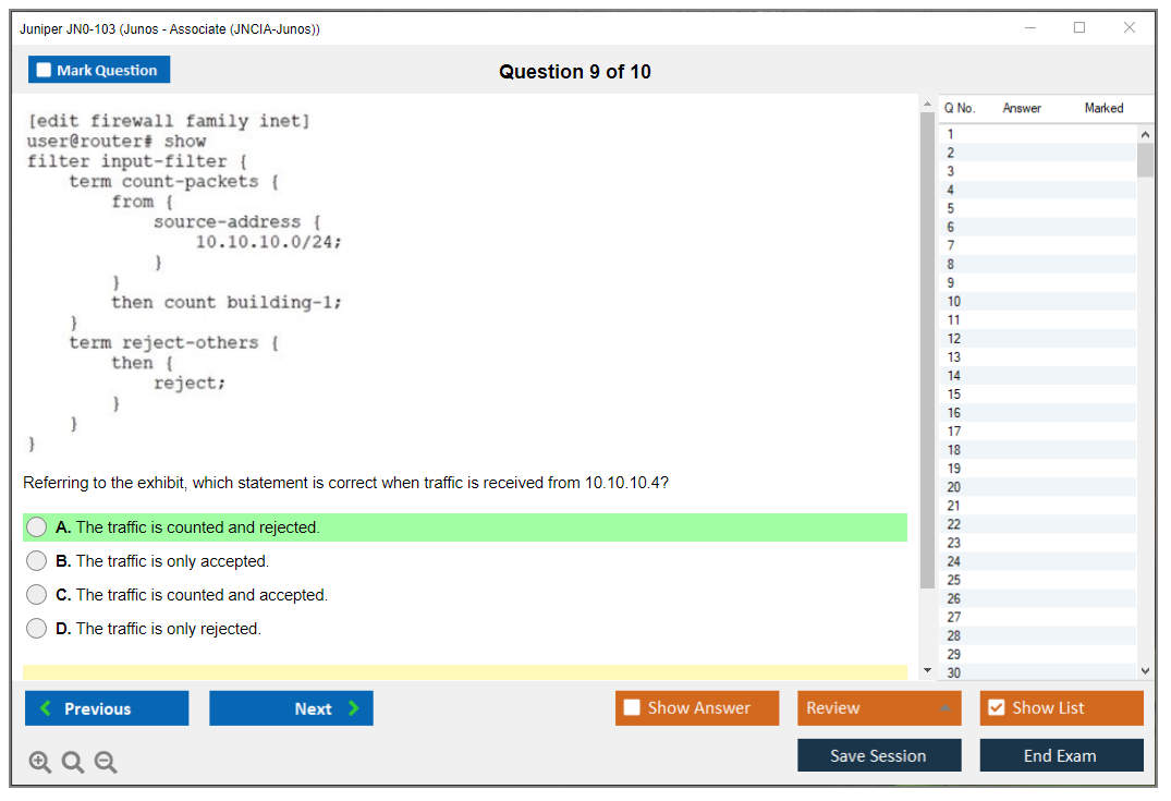 Juniper JN0-103 Junos - Associate (JNCIA-Junos) Practice test exam simulator test engine exam dumps questions answers Image 9