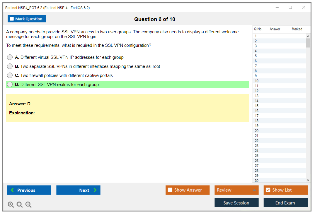 Fortinet NSE4_FGT-6.2 Fortinet NSE 4 - FortiOS 6.2 Practice test exam simulator test engine exam dumps questions answers Image 6