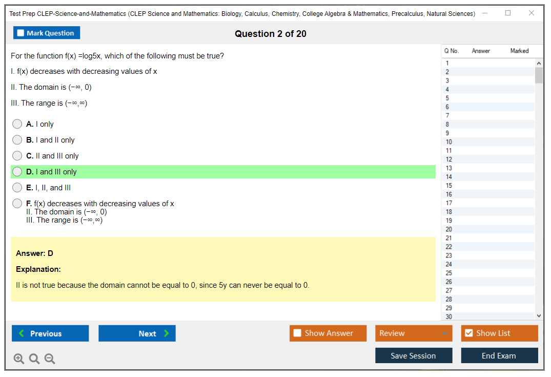 Test Prep CLEP-Science-and-Mathematics CLEP Science and Mathematics: Biology, Calculus, Chemistry, College Algebra & Mathematics, Precalculus, Natural Sciences Practice test exam simulator test engine exam Prep practice test questions answers Image 2