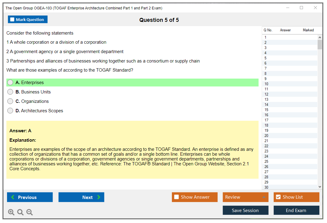 The Open Group OGEA-103 TOGAF Enterprise Architecture Combined Part 1 and Part 2 Exam Practice test exam simulator test engine exam dumps questions answers Image 5