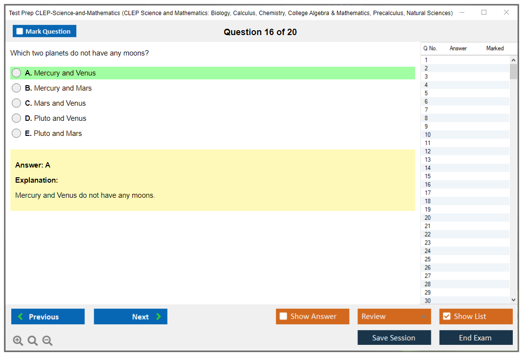 Test Prep CLEP-Science-and-Mathematics CLEP Science and Mathematics: Biology, Calculus, Chemistry, College Algebra & Mathematics, Precalculus, Natural Sciences Practice test exam simulator test engine exam Prep practice test questions answers Image 16