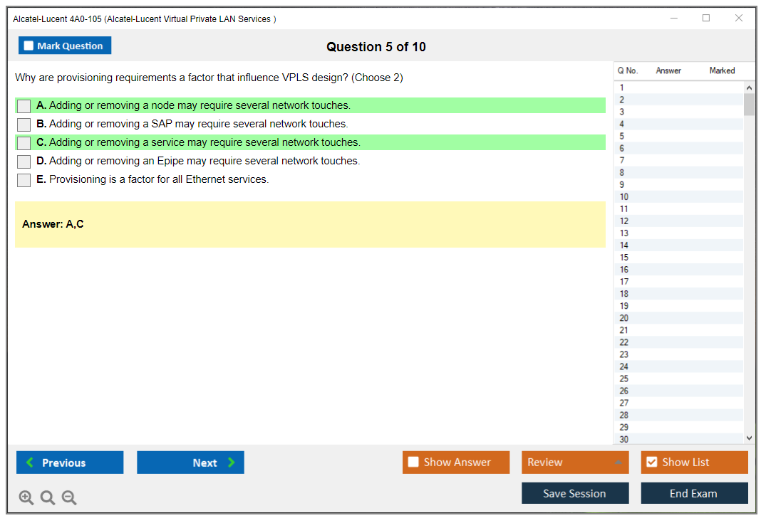 Alcatel-Lucent 4A0-105 Nokia Virtual Private LAN Services Practice test exam simulator test engine exam dumps questions answers Image 5
