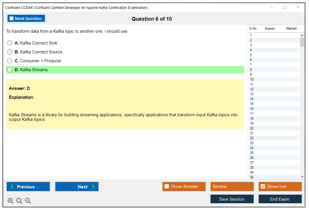 Confluent CCDAK Confluent Certified Developer for Apache Kafka Certification Examination Practice test exam simulator test engine exam dumps questions answers Image 6