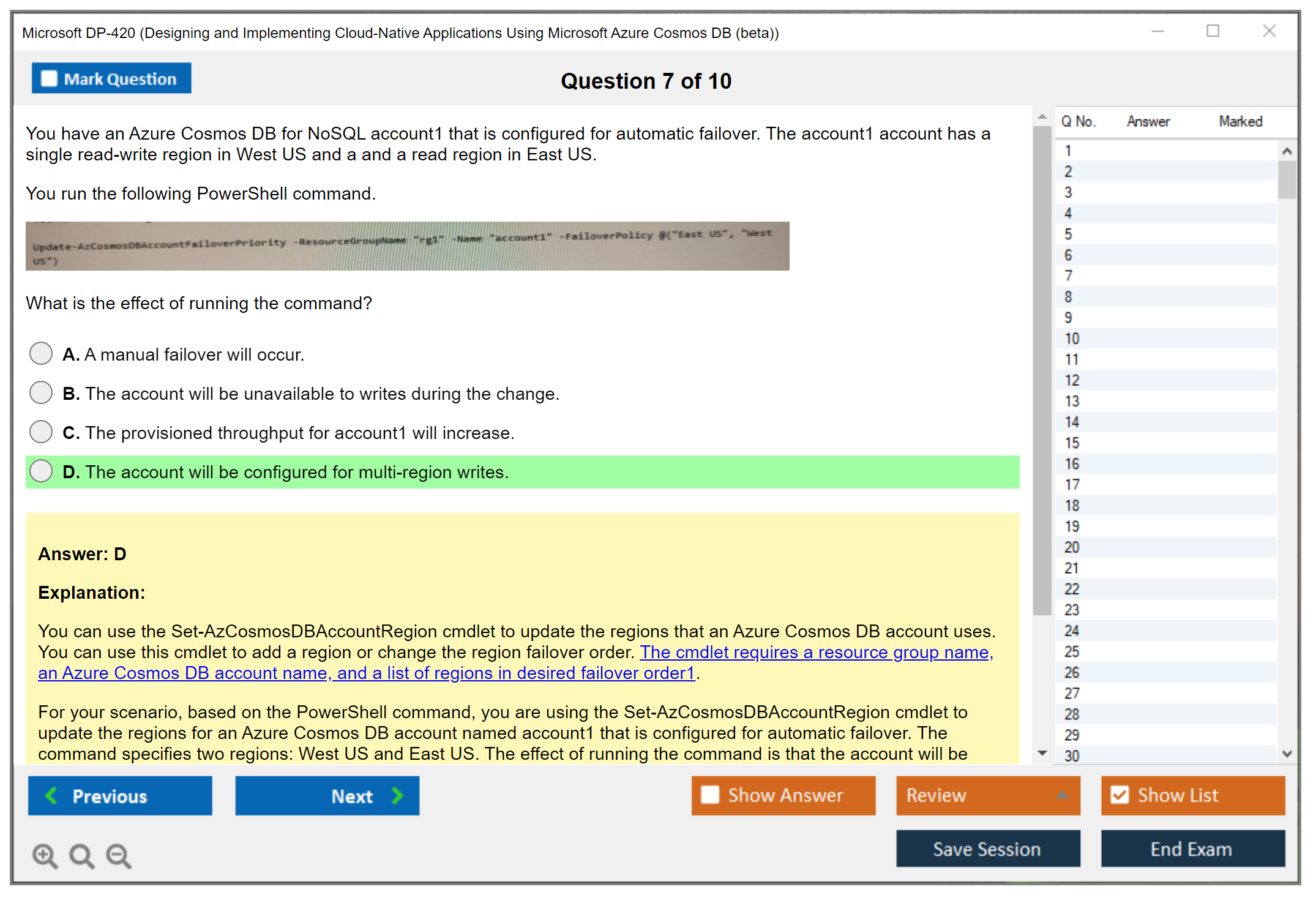 Microsoft DP-420 Designing and Implementing Cloud-Native Applications Using Microsoft Azure Cosmos DB Practice test exam simulator test engine exam dumps questions answers Image 7
