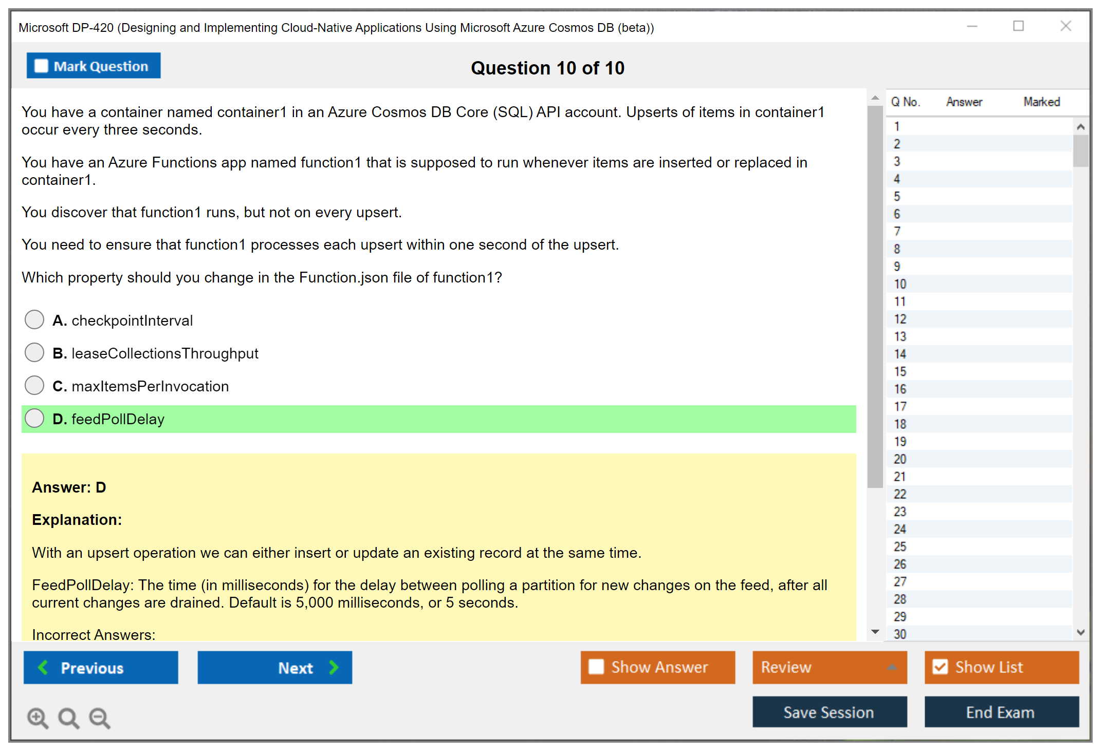 Microsoft DP-420 Designing and Implementing Cloud-Native Applications Using Microsoft Azure Cosmos DB Practice test exam simulator test engine exam dumps questions answers Image 10