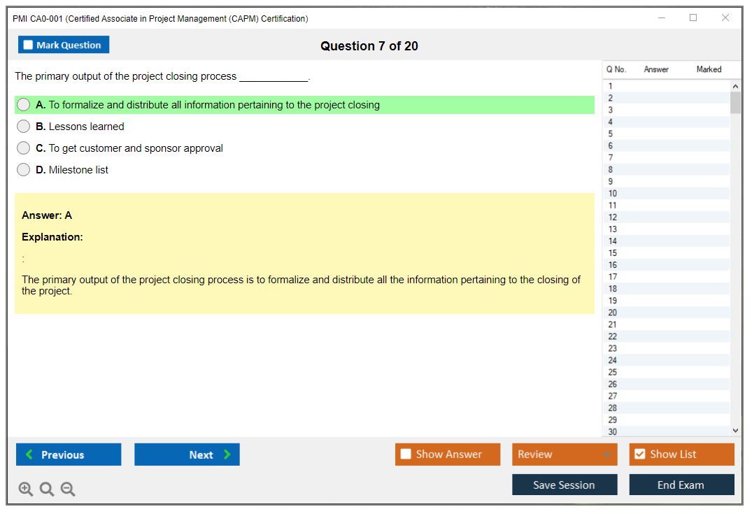PMI CA0-001 Certified Associate in Project Management (CAPM) Certification Practice test exam simulator test engine exam dumps questions answers Image 7