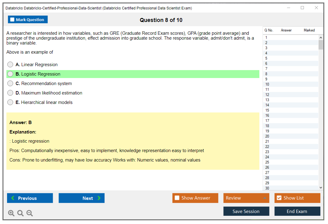 Databricks Databricks-Certified-Professional-Data-Scientist Databricks Certified Professional Data Scientist Exam Practice test exam simulator test engine exam dumps questions answers Image 8