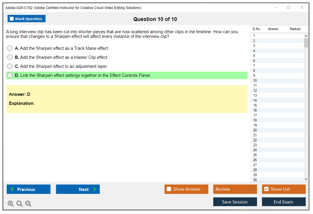 Adobe AD0-C102 Adobe Certified Instructor for Creative Cloud Video Editing Solutions Practice test exam simulator test engine exam dumps questions answers Image 10
