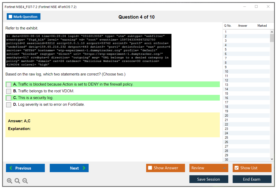 Fortinet NSE4_FGT-7.2 Fortinet NSE 4 - FortiOS 7.2 Practice test exam simulator test engine exam dumps questions answers Image 4