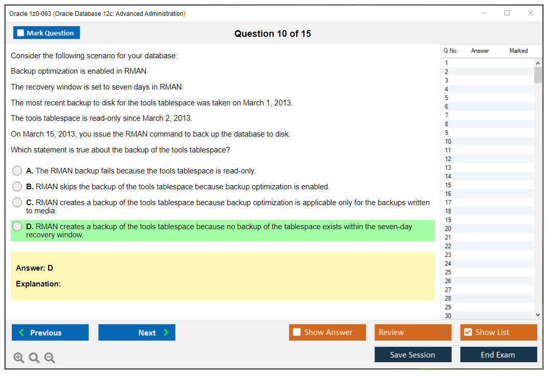 Oracle 1z0-063 Oracle Database 12c: Advanced Administration Practice test exam simulator test engine exam dumps questions answers Image 10