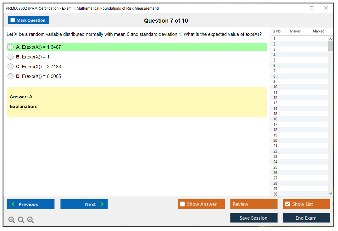 PRMIA 8002 PRM Certification - Exam II: Mathematical Foundations of Risk Measurement Practice test exam simulator test engine exam dumps questions answers Image 7