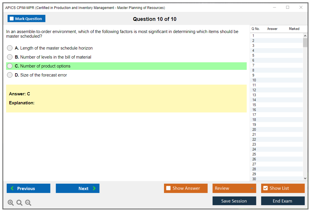 APICS CPIM-MPR Certified in Production and Inventory Management - Master Planning of Resources Practice test exam simulator test engine exam dumps questions answers Image 10
