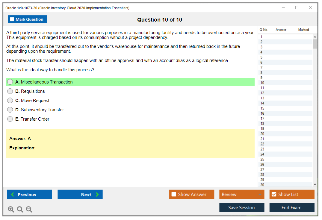 Oracle 1z0-1073-20 Oracle Inventory Cloud 2020 Implementation Essentials Practice test exam simulator test engine exam Prep practice test questions answers Image 10