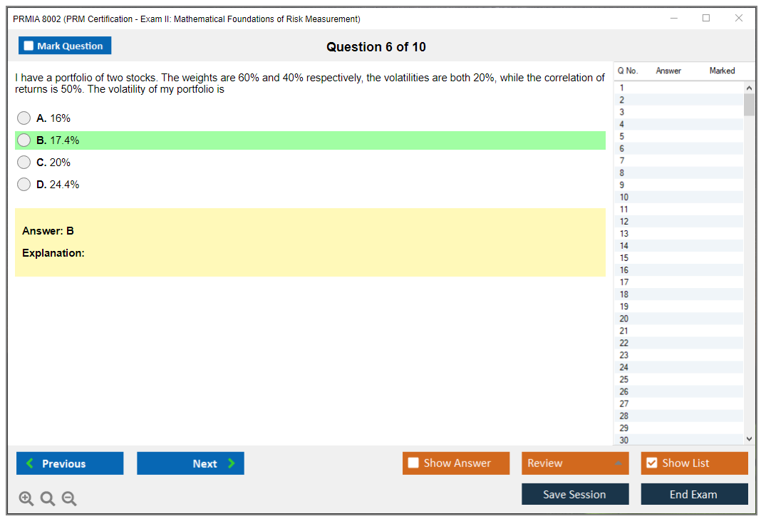 PRMIA 8002 PRM Certification - Exam II: Mathematical Foundations of Risk Measurement Practice test exam simulator test engine exam dumps questions answers Image 6
