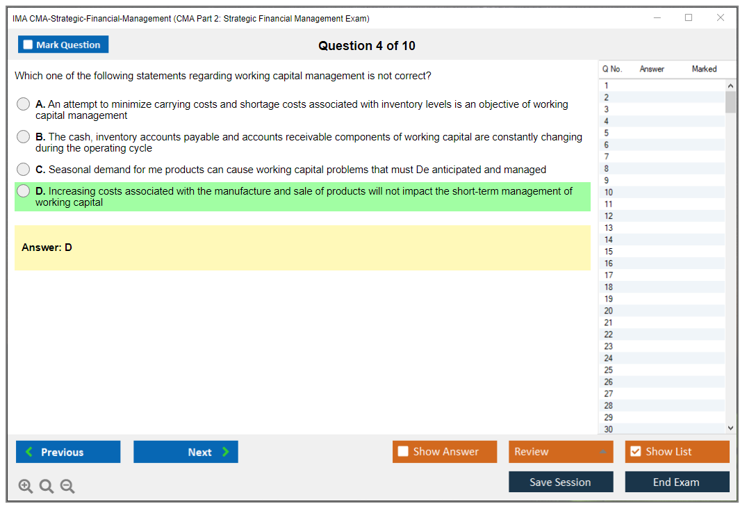 IMA CMA-Strategic-Financial-Management CMA Part 2: Strategic Financial Management Exam Practice test exam simulator test engine exam Prep practice test questions answers Image 4