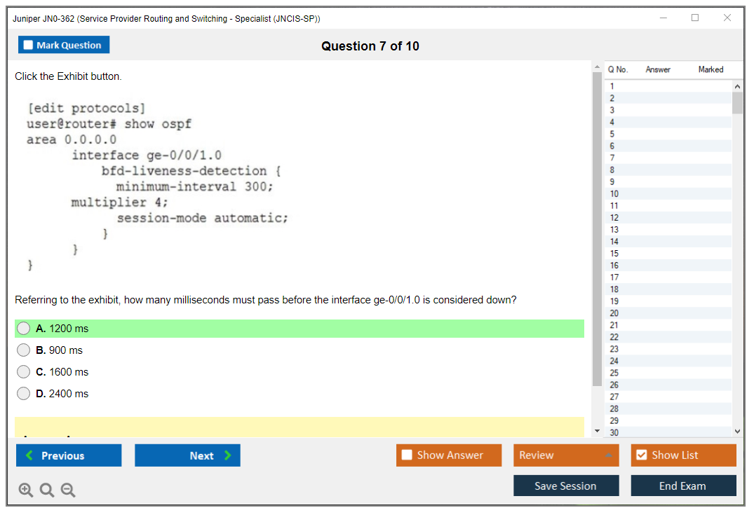 Juniper JN0-362 Service Provider Routing and Switching - Specialist (JNCIS-SP) Practice test exam simulator test engine exam dumps questions answers Image 7