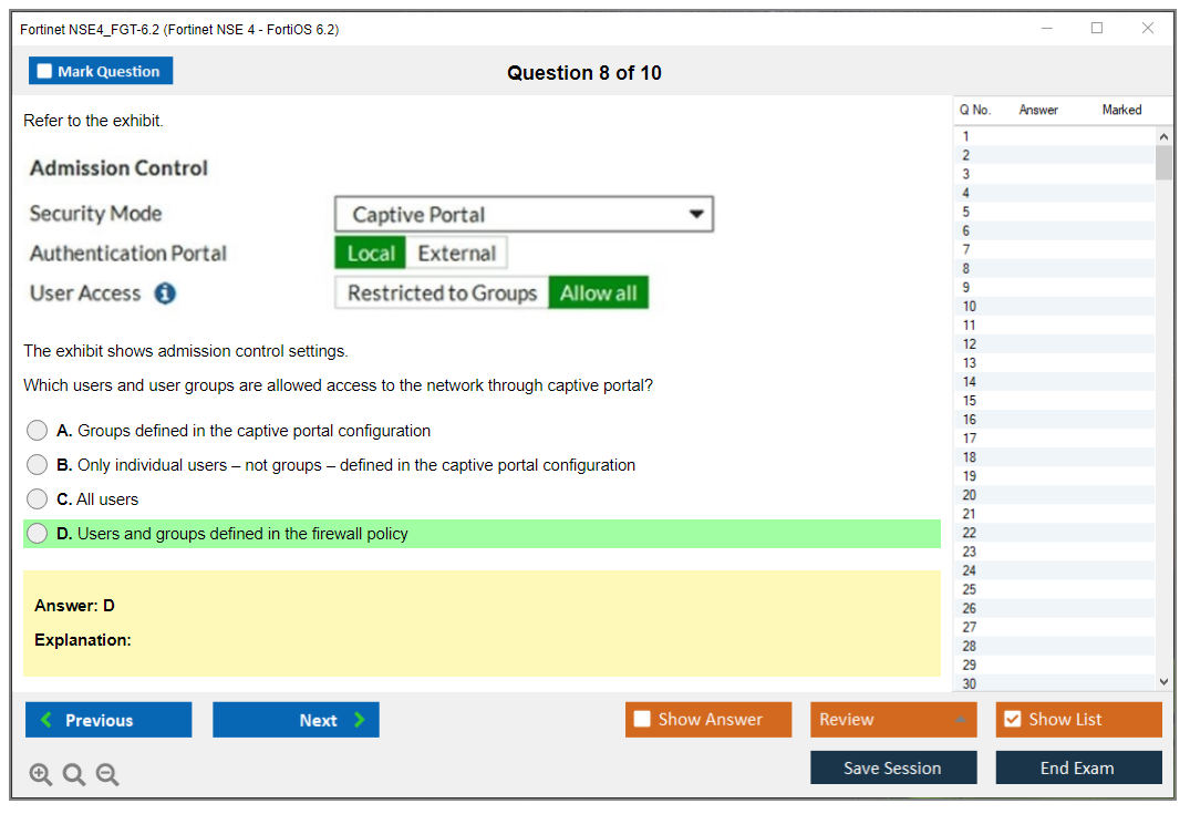 Fortinet NSE4_FGT-6.2 Fortinet NSE 4 - FortiOS 6.2 Practice test exam simulator test engine exam dumps questions answers Image 8