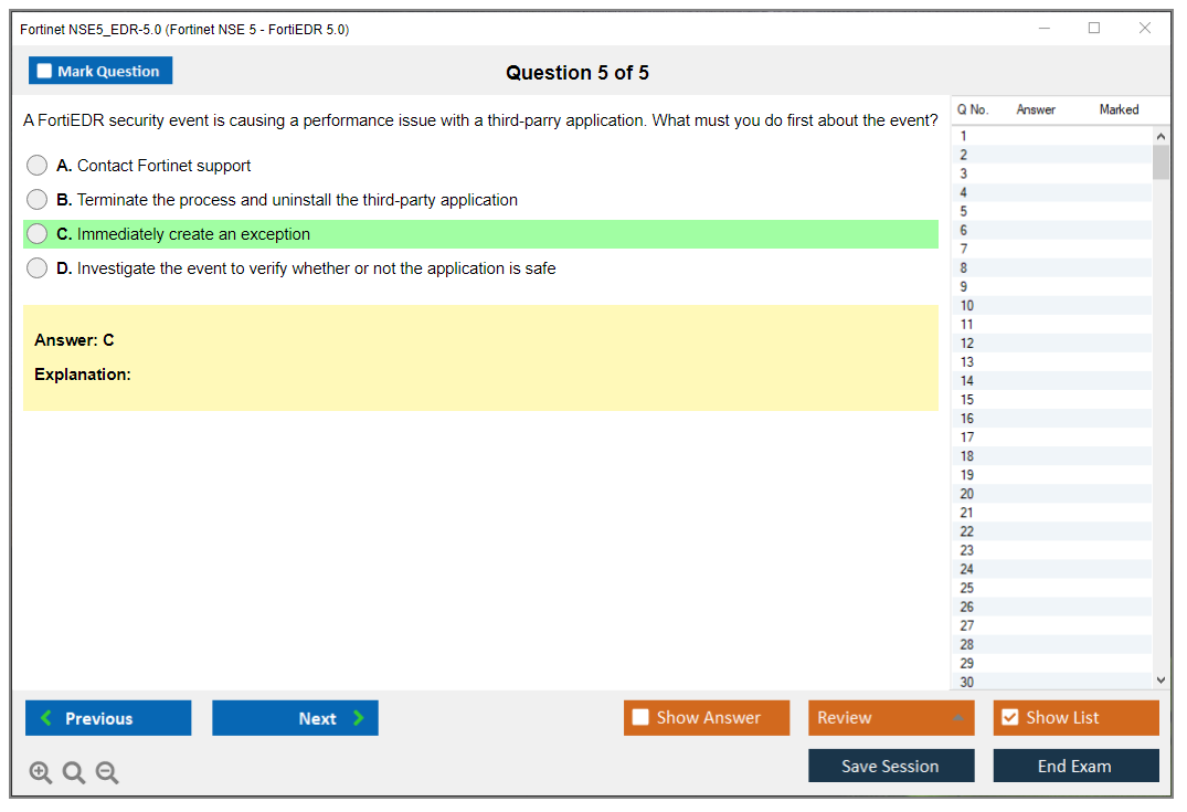 Fortinet NSE5_EDR-5.0 Fortinet NSE 5 - FortiEDR 5.0 Exam Practice test exam simulator test engine exam dumps questions answers Image 5