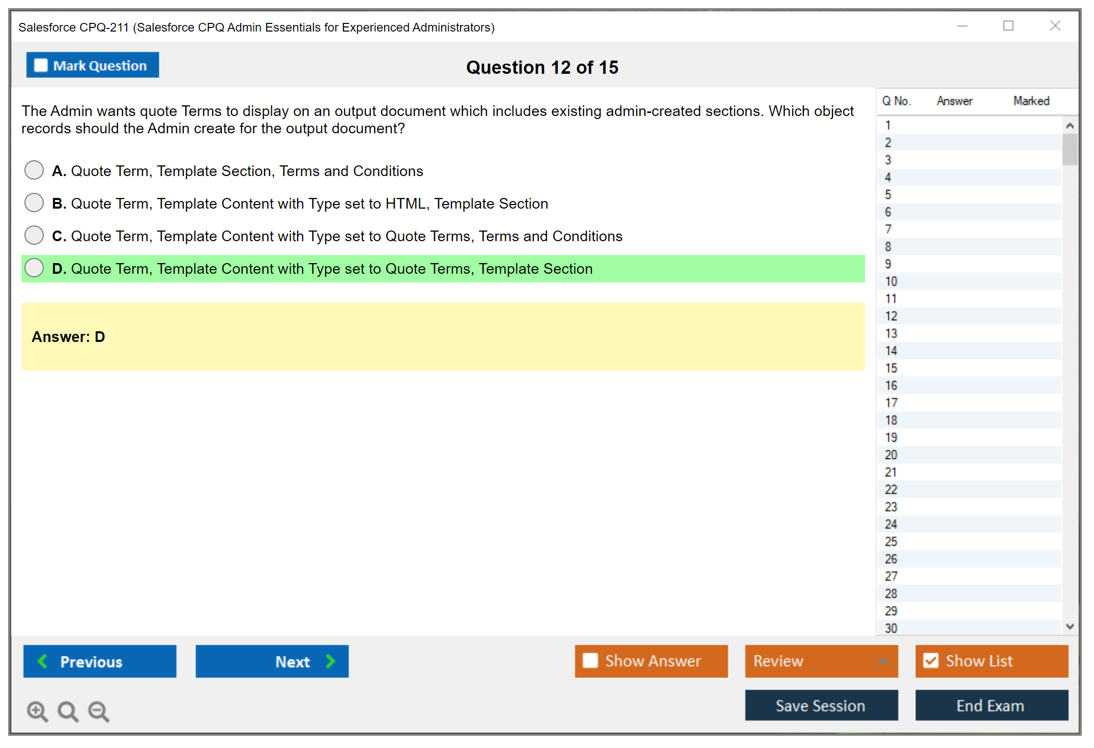 Salesforce CPQ-211 Salesforce CPQ Admin Essentials for Experienced Administrators Practice test exam simulator test engine exam dumps questions answers Image 12