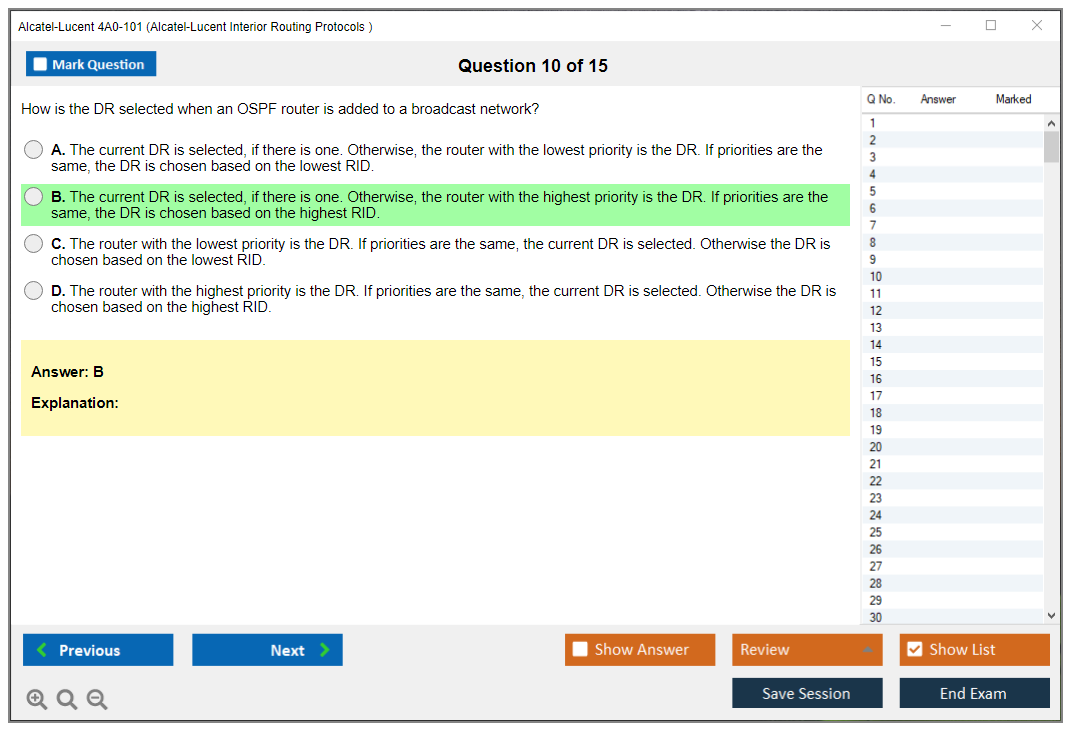 Alcatel-Lucent 4A0-101 Alcatel-Lucent Interior Routing Protocols and High Availability Practice test exam simulator test engine exam dumps questions answers Image 10