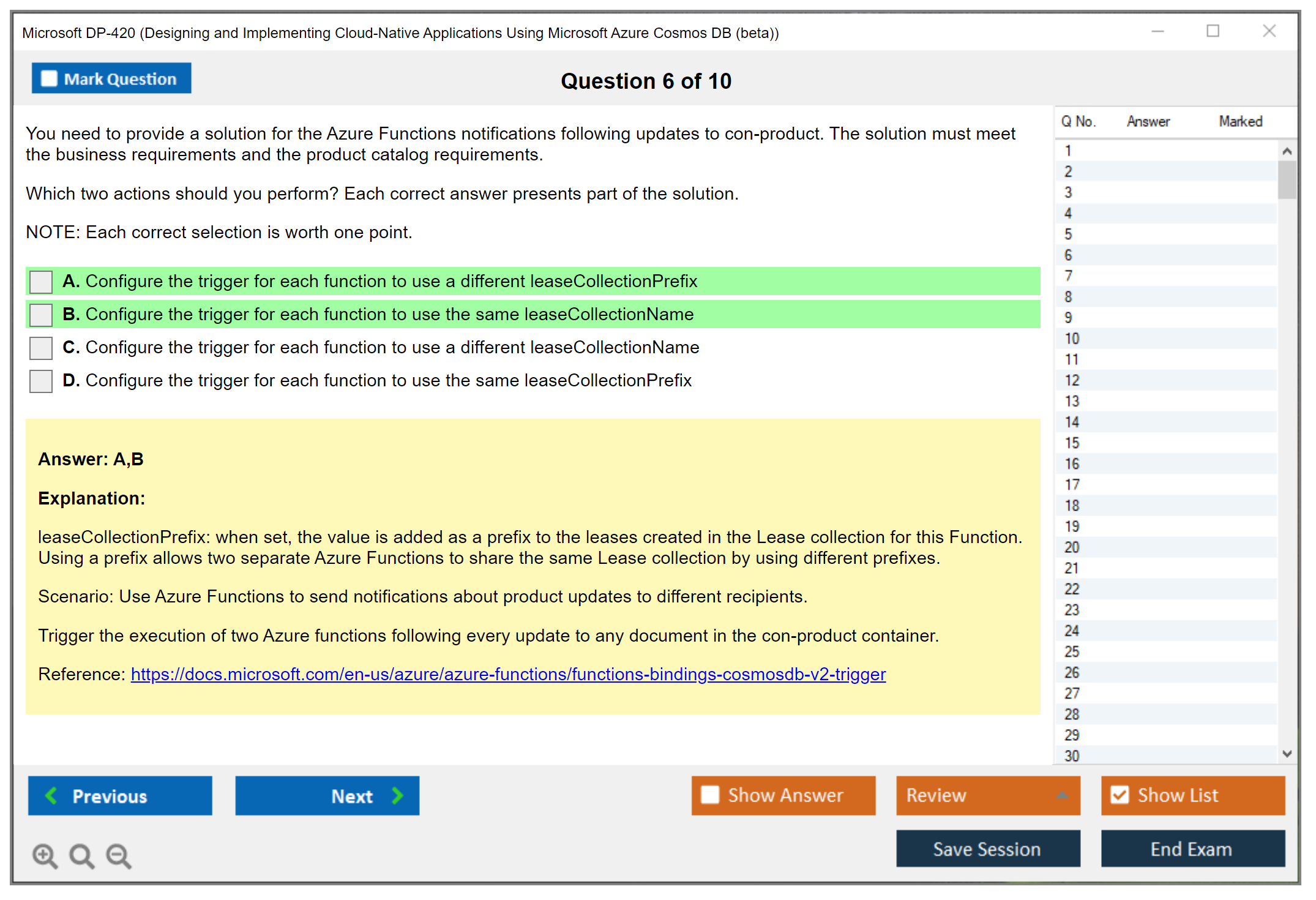 Microsoft DP-420 Designing and Implementing Cloud-Native Applications Using Microsoft Azure Cosmos DB Practice test exam simulator test engine exam dumps questions answers Image 6