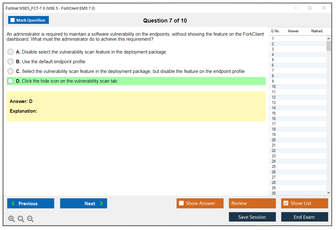 Fortinet NSE5_FCT-7.0 NSE5_FCT-7.0 NSE 5 - FortiClient EMS 7.0 Practice test exam simulator test engine exam dumps questions answers Image 7