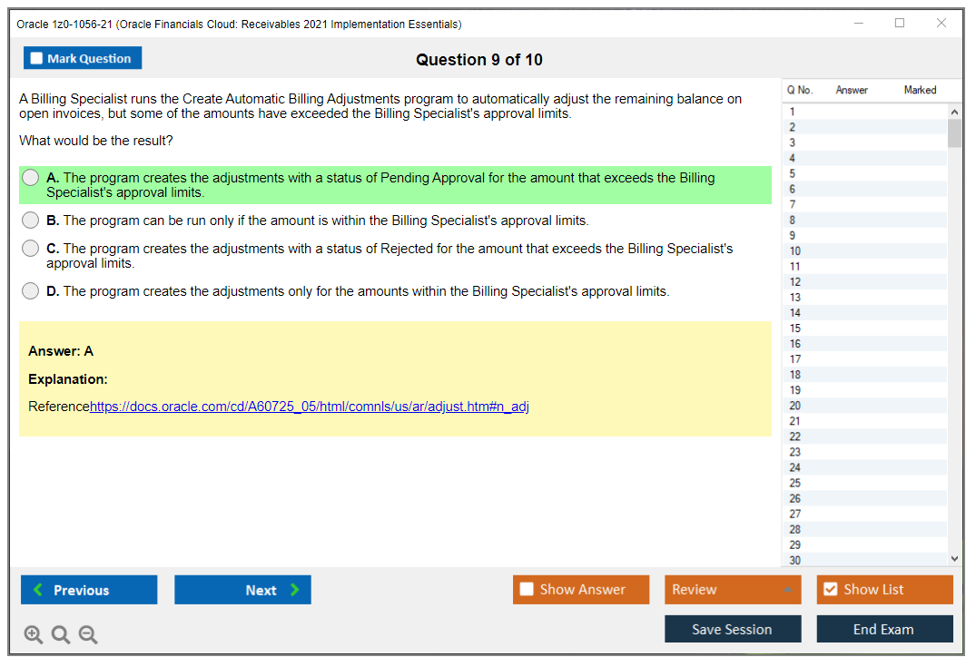 Oracle 1z0-1056-21 Oracle Financials Cloud: Receivables 2021 Implementation Essentials Practice test exam simulator test engine exam dumps questions answers Image 9