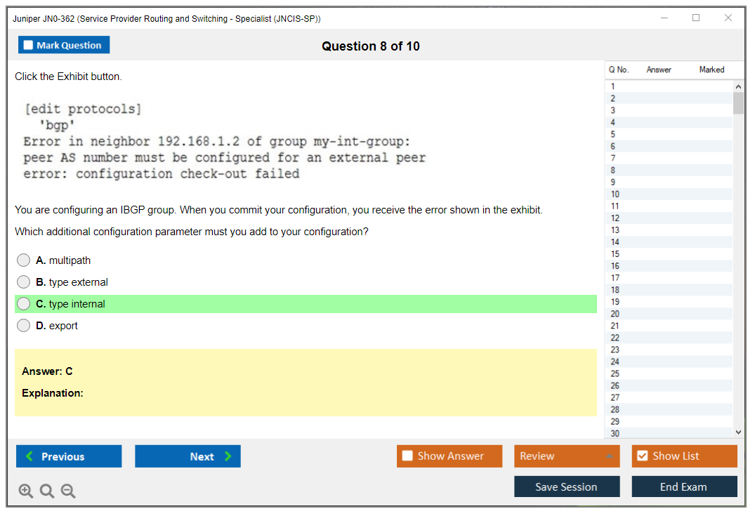 Juniper JN0-362 Service Provider Routing and Switching - Specialist (JNCIS-SP) Practice test exam simulator test engine exam dumps questions answers Image 8