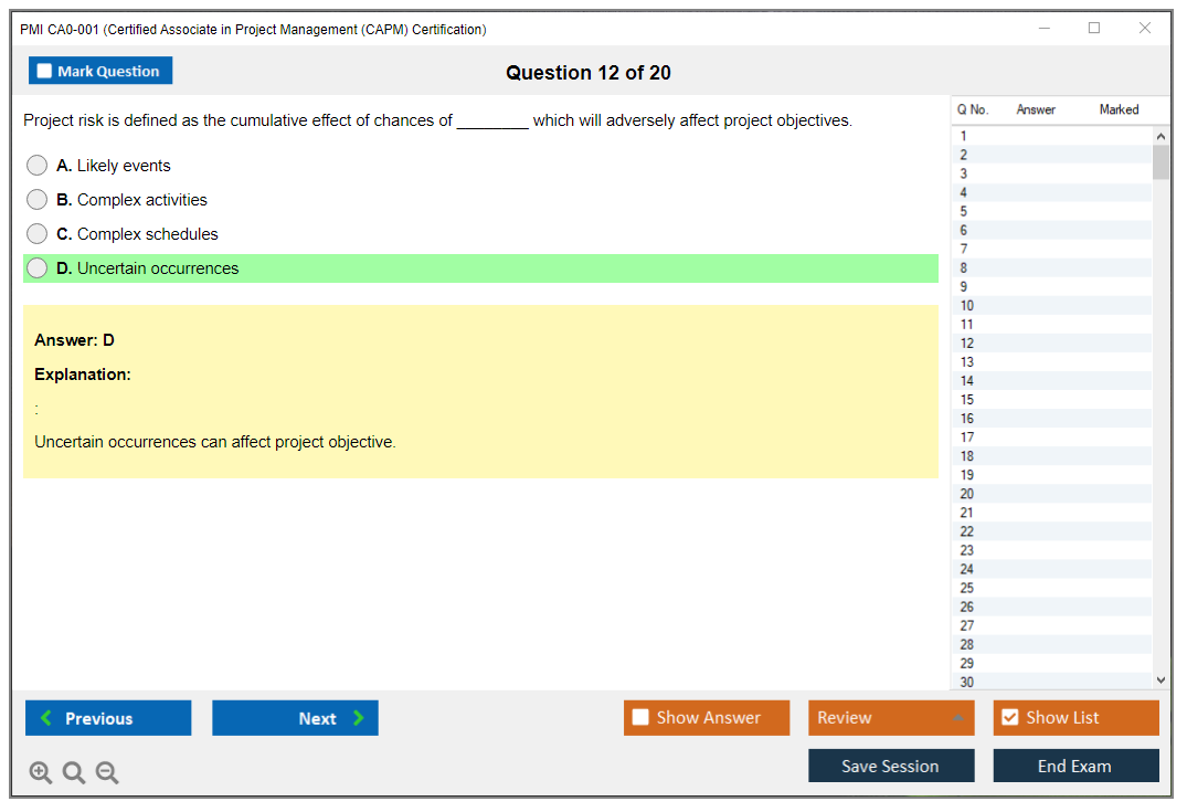 PMI CA0-001 Certified Associate in Project Management (CAPM) Certification Practice test exam simulator test engine exam dumps questions answers Image 12