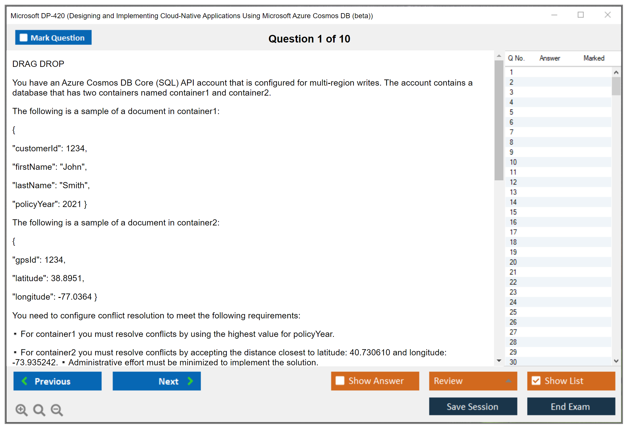 Microsoft DP-420 Designing and Implementing Cloud-Native Applications Using Microsoft Azure Cosmos DB Practice test exam simulator test engine exam dumps questions answers Image 1